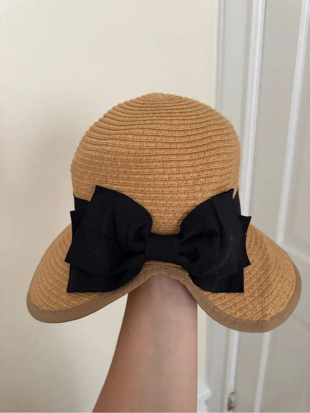 LC Lauren Conrad Straw Cloche Sun Hat Black Bow Downturned Brim Natural